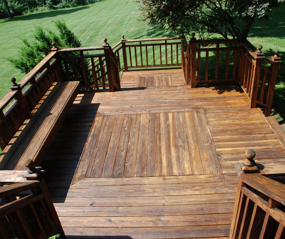 stained timber deck before pressure washing